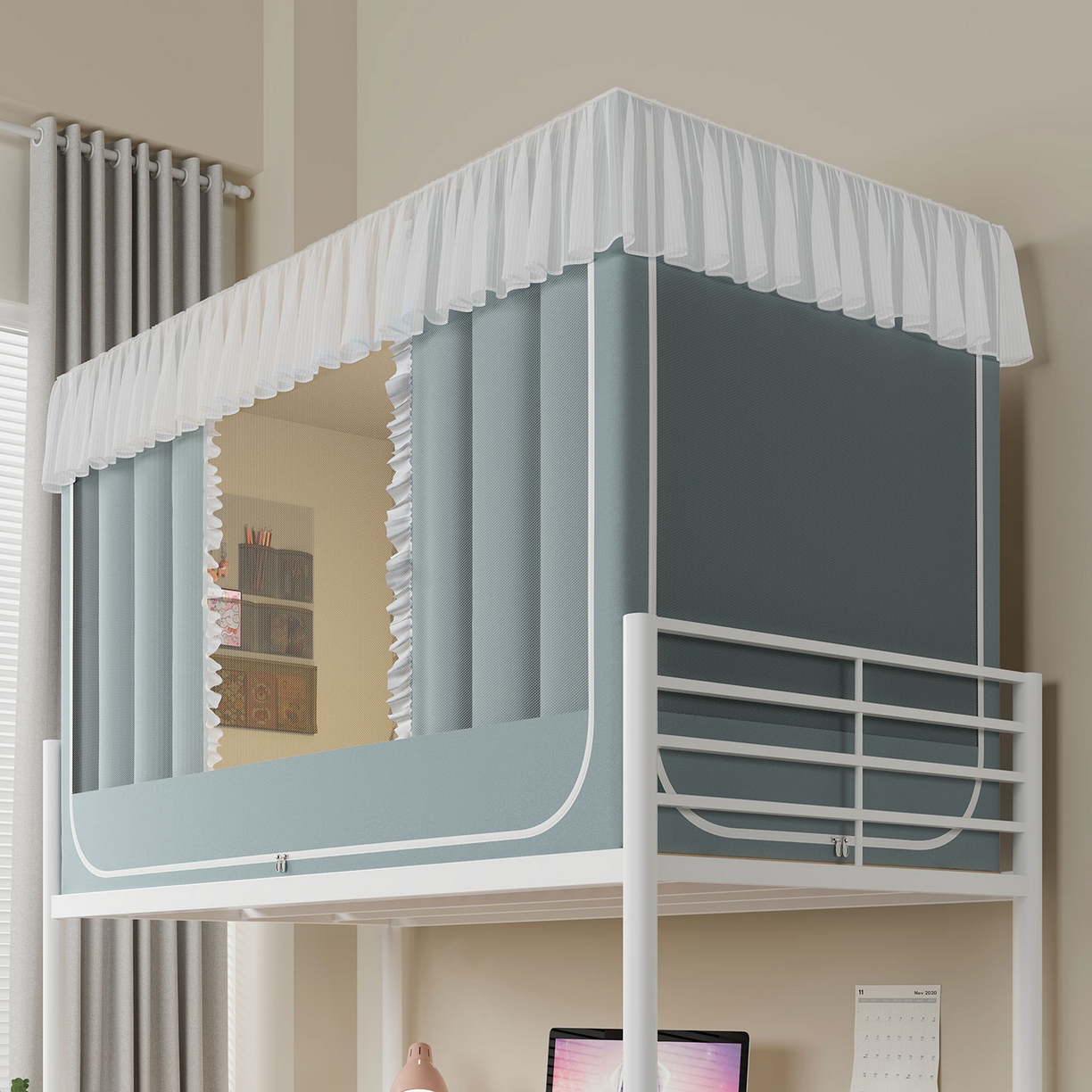 91家纺网 家纺一手货源 找家纺 无瑕家居 2025新款学生上下铺遮光防蚊蚊帐雪纺蕾丝遮光加密蚊帐床幔 墨绿【含靠墙帘 五面遮光】