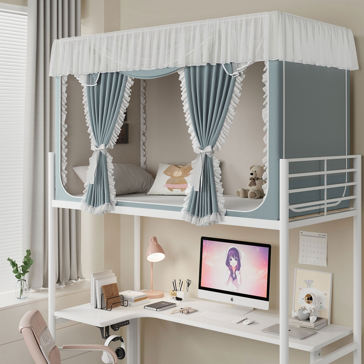 91家纺网 家纺一手货源 找家纺 无瑕家居 2025新款学生上下铺遮光防蚊蚊帐雪纺蕾丝遮光加密蚊帐床幔 墨绿【含靠墙帘 五面遮光】