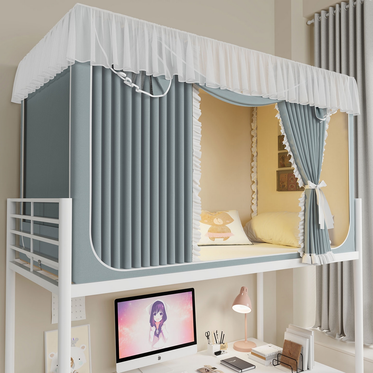 91家纺网 家纺一手货源 找家纺 无瑕家居 2025新款学生上下铺遮光防蚊蚊帐雪纺蕾丝遮光加密蚊帐床幔 墨绿【含靠墙帘 五面遮光】