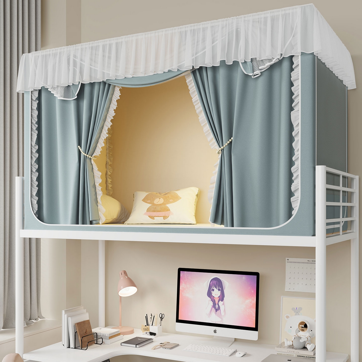 91家纺网 家纺一手货源 找家纺 无瑕家居 2025新款学生上下铺遮光防蚊蚊帐雪纺蕾丝遮光加密蚊帐床幔 墨绿【含靠墙帘 五面遮光】