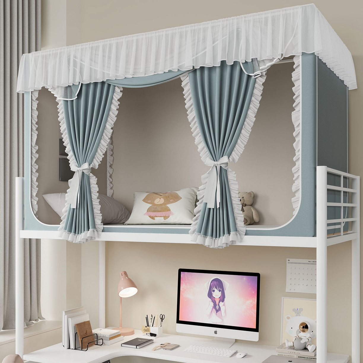 91家纺网 家纺一手货源 找家纺 无瑕家居 2025新款学生上下铺遮光防蚊蚊帐雪纺蕾丝遮光加密蚊帐床幔 墨绿【含靠墙帘 五面遮光】