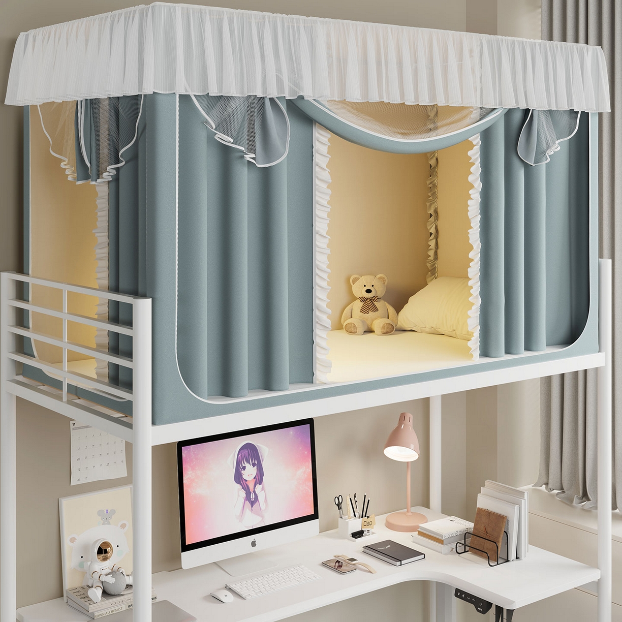 91家纺网 家纺一手货源 找家纺 无瑕家居 2025新款学生上下铺遮光防蚊蚊帐雪纺蕾丝遮光加密蚊帐床幔 墨绿【含靠墙帘 五面遮光】