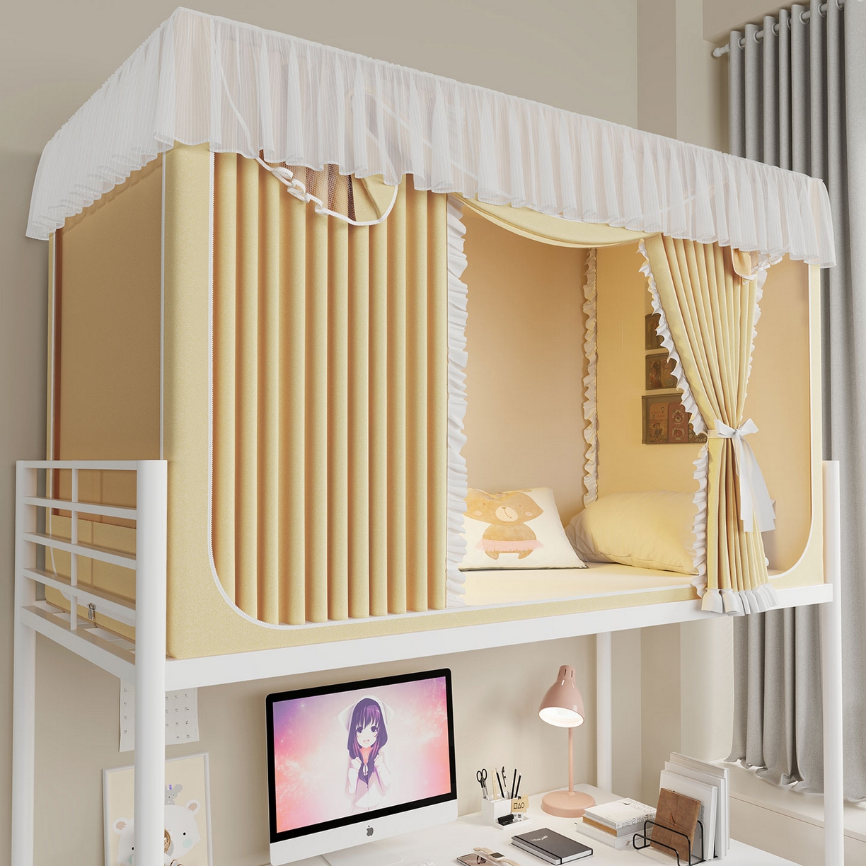 91家纺网 家纺一手货源 找家纺 无瑕家居 2025新款学生上下铺遮光防蚊蚊帐雪纺蕾丝遮光加密蚊帐床幔 奶黄【含靠墙帘 五面遮光】