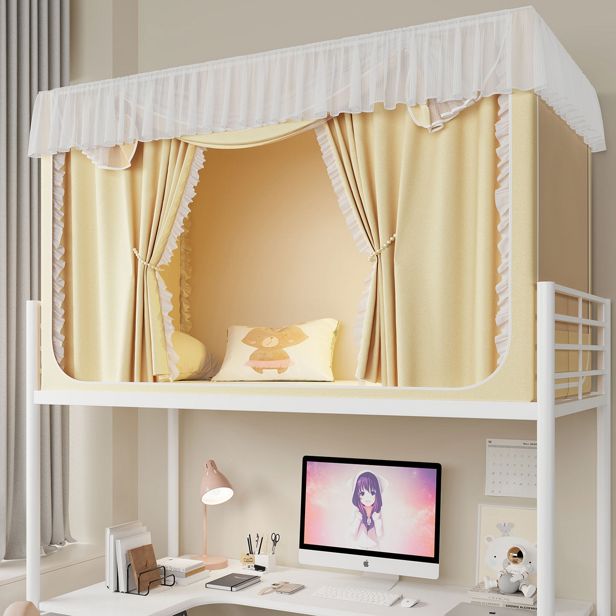 91家纺网 家纺一手货源 找家纺 无瑕家居 2025新款学生上下铺遮光防蚊蚊帐雪纺蕾丝遮光加密蚊帐床幔 奶黄【含靠墙帘 五面遮光】