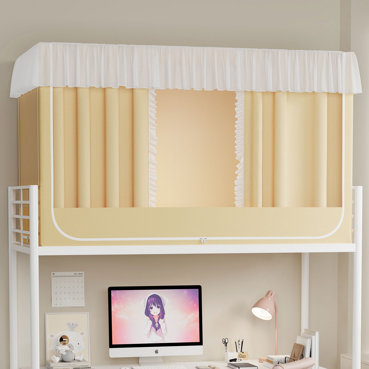 91家纺网 家纺一手货源 找家纺 无瑕家居 2025新款学生上下铺遮光防蚊蚊帐雪纺蕾丝遮光加密蚊帐床幔 奶黄【含靠墙帘 五面遮光】