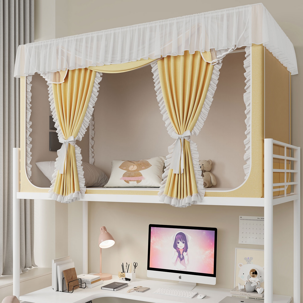 91家纺网 家纺一手货源 找家纺 无瑕家居 2025新款学生上下铺遮光防蚊蚊帐雪纺蕾丝遮光加密蚊帐床幔 奶黄【含靠墙帘 五面遮光】