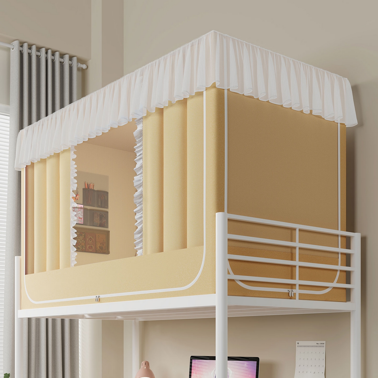 91家纺网 家纺一手货源 找家纺 无瑕家居 2025新款学生上下铺遮光防蚊蚊帐雪纺蕾丝遮光加密蚊帐床幔 奶黄【含靠墙帘 五面遮光】