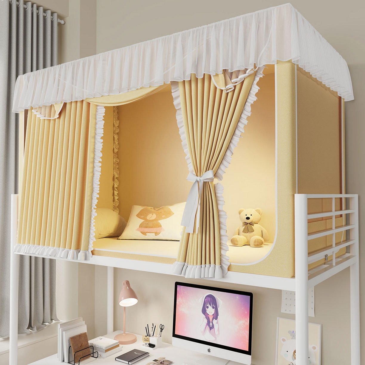 91家纺网 家纺一手货源 找家纺 无瑕家居 2025新款学生上下铺遮光防蚊蚊帐雪纺蕾丝遮光加密蚊帐床幔 奶黄【含靠墙帘 五面遮光】