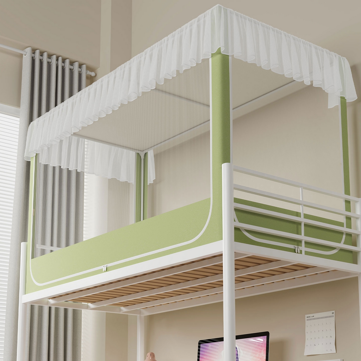 91家纺网 家纺一手货源 找家纺 无瑕家居 2025新款学生上下铺遮光防蚊蚊帐雪纺蕾丝遮光加密蚊帐床幔 豆绿【无帘子】