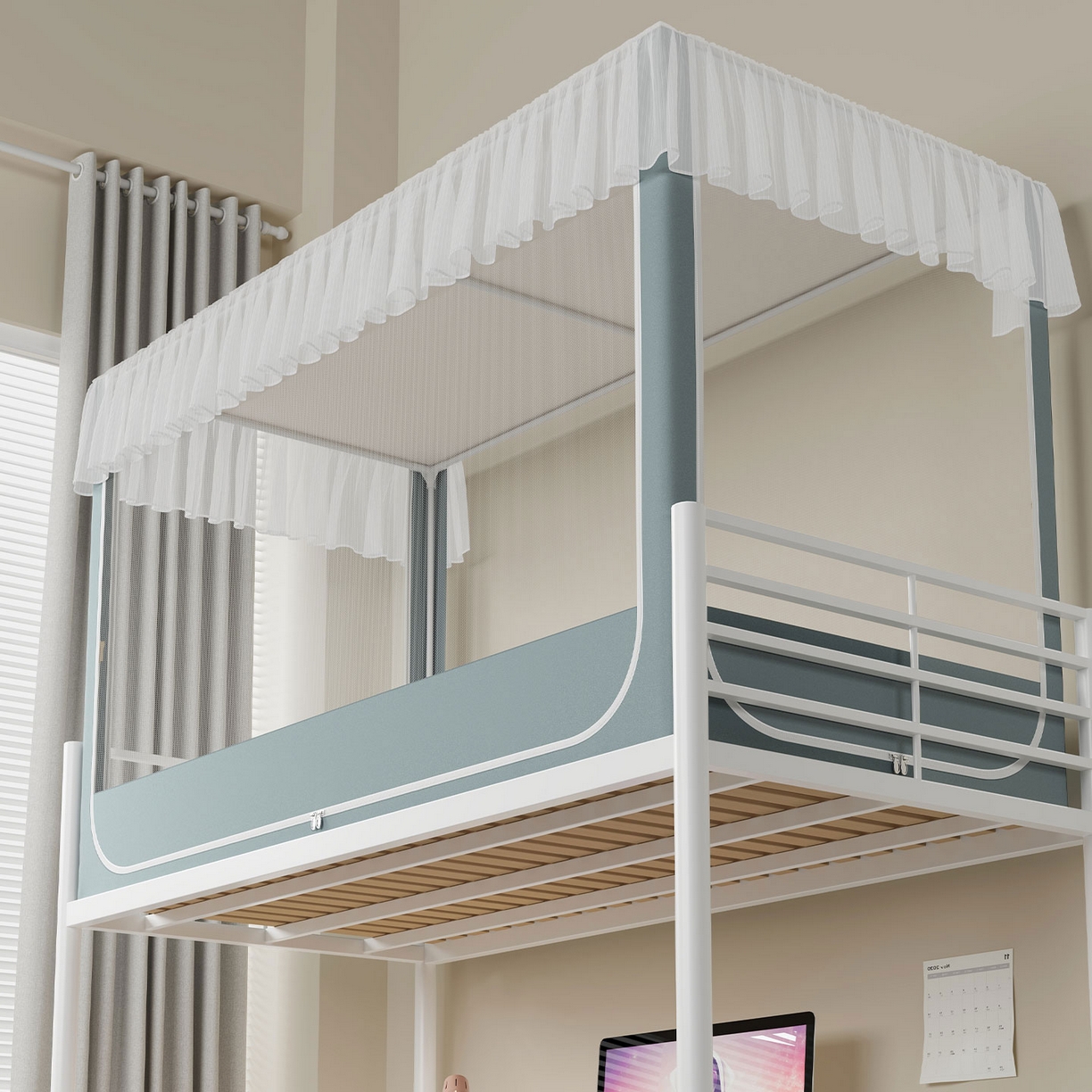 91家纺网 家纺一手货源 找家纺 无瑕家居 2025新款学生上下铺遮光防蚊蚊帐雪纺蕾丝遮光加密蚊帐床幔 墨绿【无帘子】