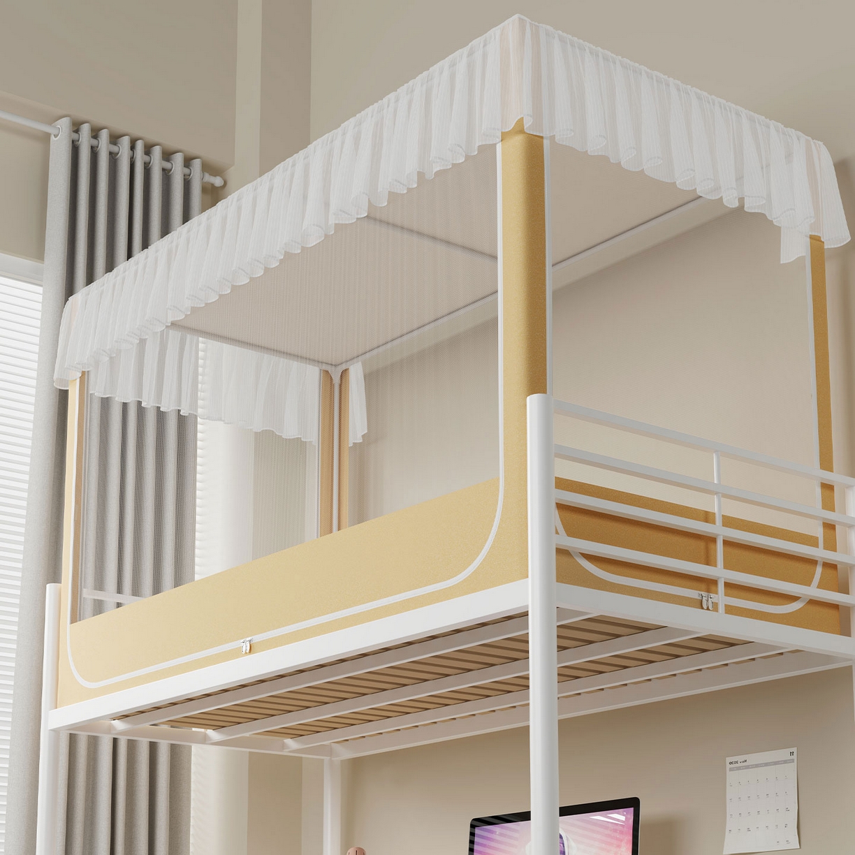 91家纺网 家纺一手货源 找家纺 无瑕家居 2025新款学生上下铺遮光防蚊蚊帐雪纺蕾丝遮光加密蚊帐床幔 奶黄【无帘子】