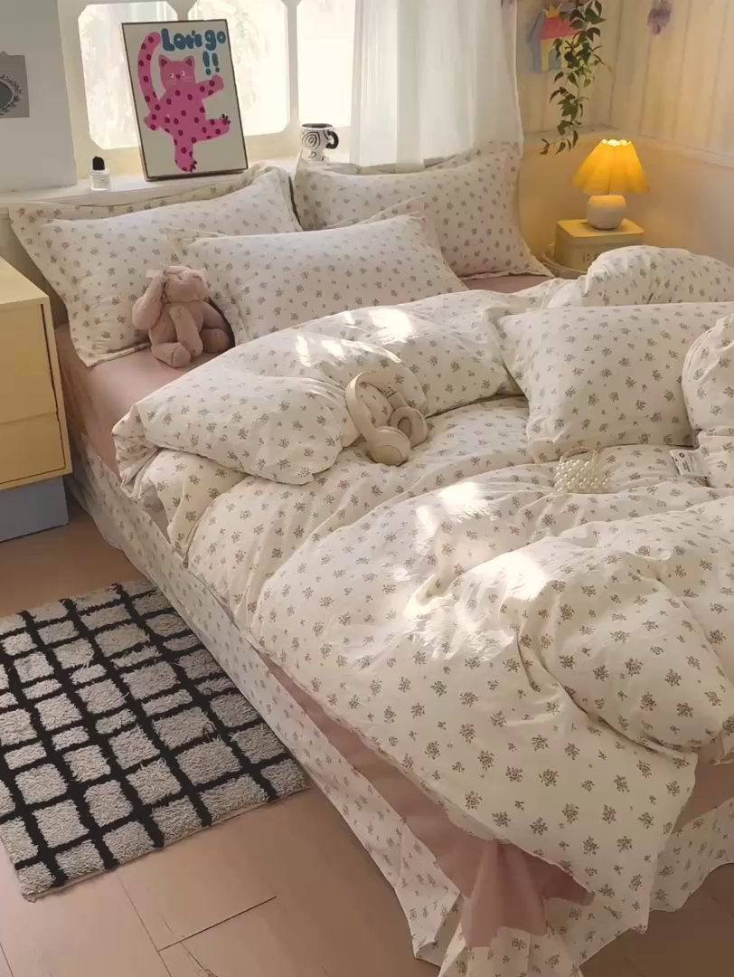 91家纺网 家纺一手货源 找家纺 梦莱斯 2025新款韩国小布袋古法云感棉四件套 春日小花