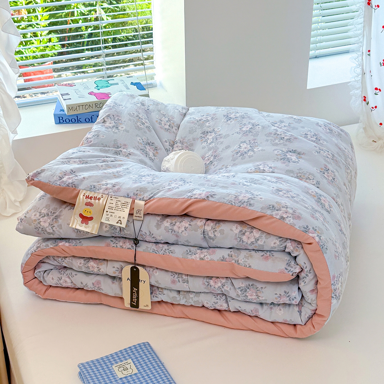 91家纺网 家纺一手货源 找家纺 弗苓家纺 2025新款糯叽叽ins风双层纱水洗棉冬被被子被芯 粉黛