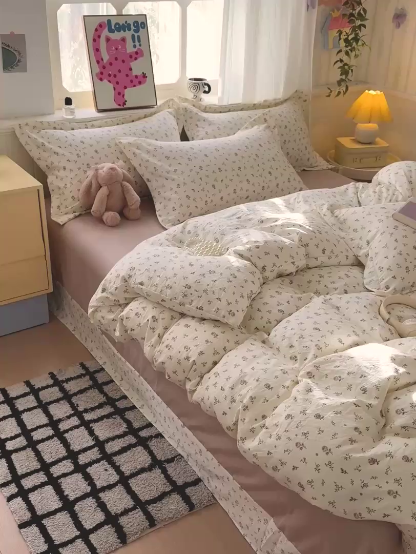 91家纺网 家纺一手货源 找家纺 梦莱斯 2025新款韩国小布袋古法云感棉四件套 复古玫瑰