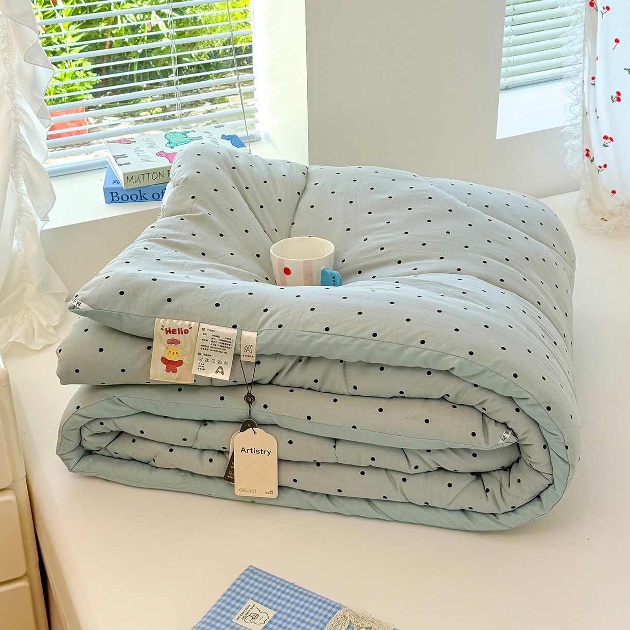 91家纺网 家纺一手货源 找家纺 弗苓家纺 2025新款糯叽叽ins风双层纱水洗棉冬被被子被芯 海盐-蓝