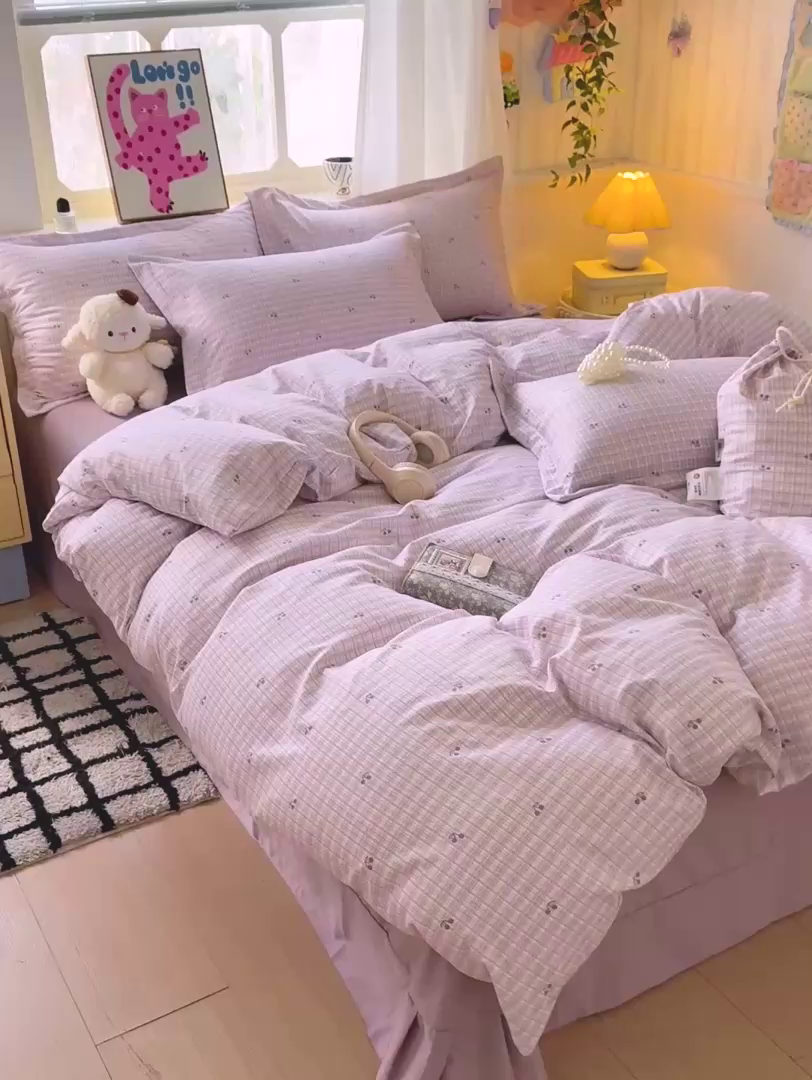 91家纺网 家纺一手货源 找家纺 梦莱斯 2025新款韩国小布袋古法云感棉四件套 格子樱桃