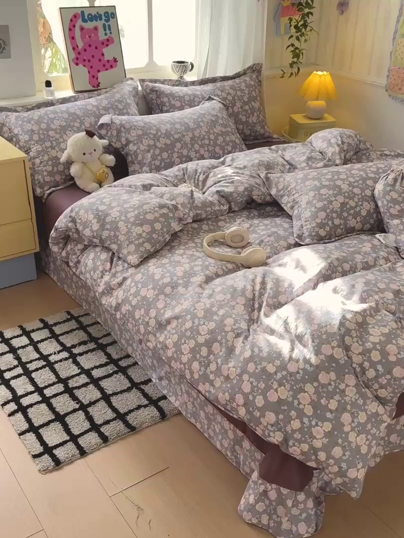 91家纺网 家纺一手货源 找家纺 梦莱斯 2025新款韩国小布袋古法云感棉四件套 花海