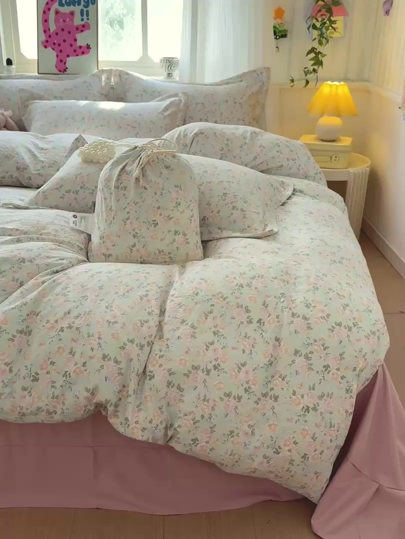 91家纺网 家纺一手货源 找家纺 梦莱斯 2025新款韩国小布袋古法云感棉四件套 花海绿