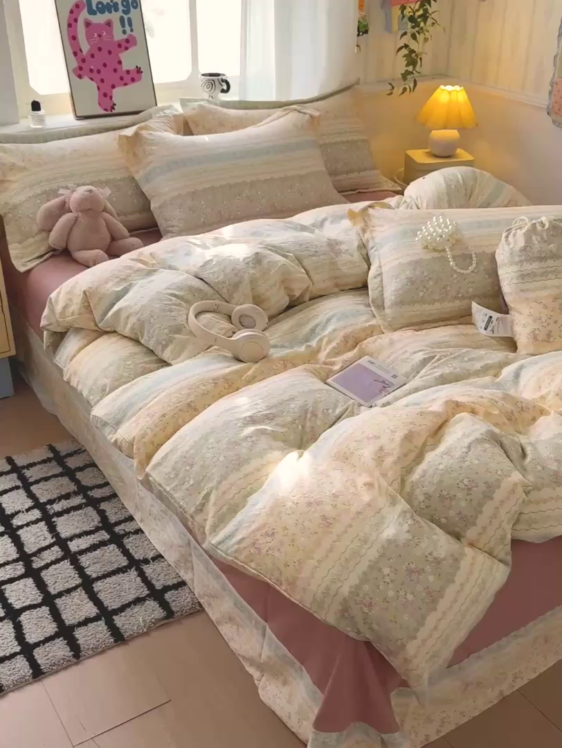 91家纺网 家纺一手货源 找家纺 梦莱斯 2025新款韩国小布袋古法云感棉四件套 花田浪漫