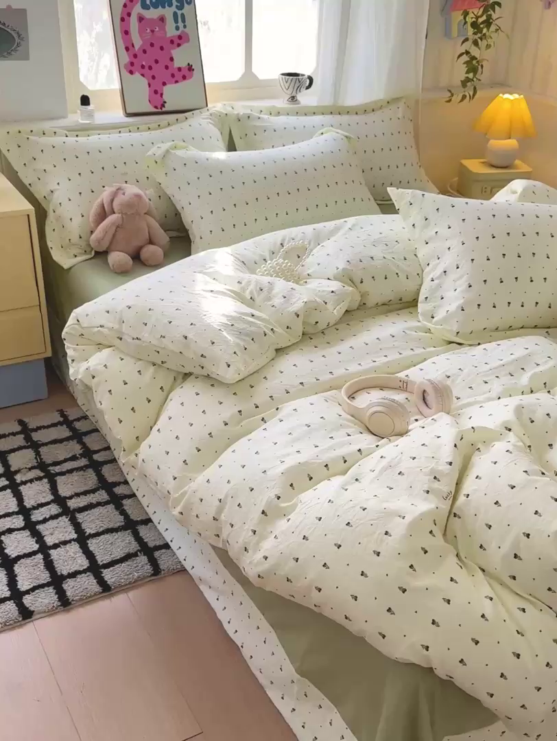 91家纺网 家纺一手货源 找家纺 梦莱斯 2025新款韩国小布袋古法云感棉四件套 木棉花开