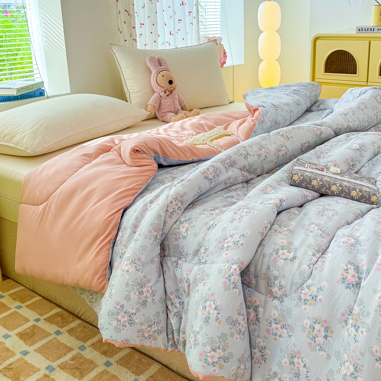 91家纺网 家纺一手货源 找家纺 弗苓家纺 2025新款糯叽叽ins风双层纱水洗棉冬被被子被芯 粉黛