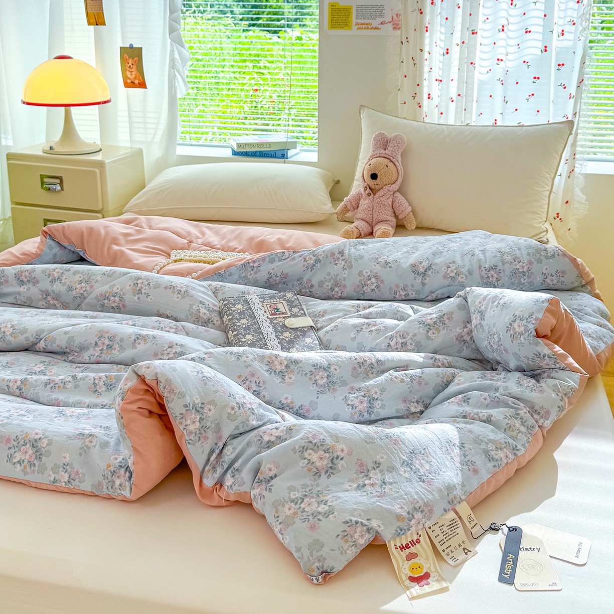 91家纺网 家纺一手货源 找家纺 弗苓家纺 2025新款糯叽叽ins风双层纱水洗棉冬被被子被芯 粉黛