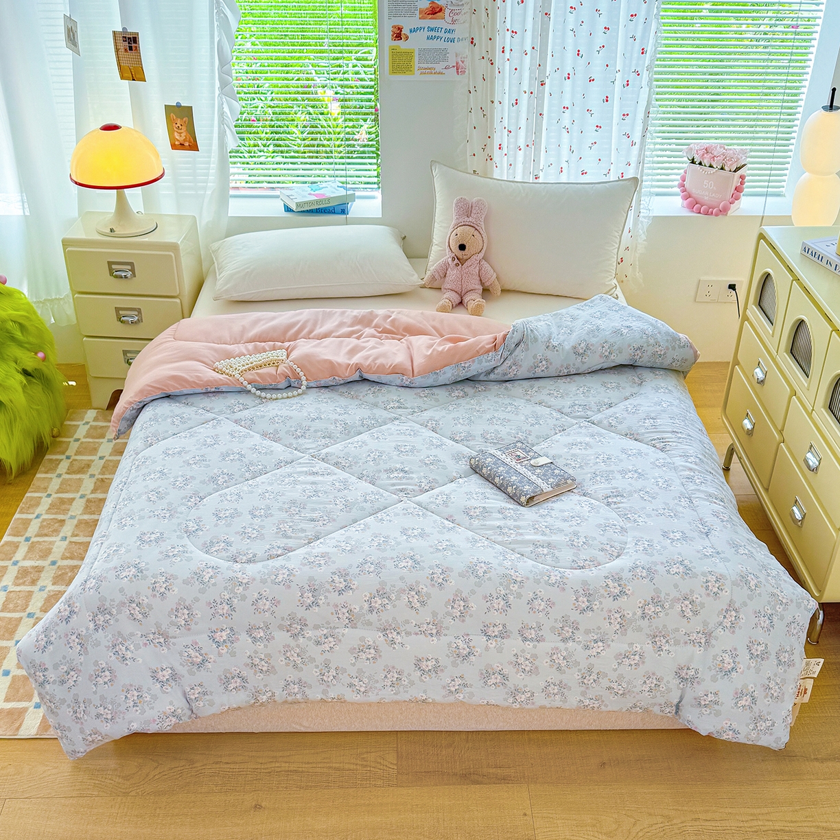 91家纺网 家纺一手货源 找家纺 弗苓家纺 2025新款糯叽叽ins风双层纱水洗棉冬被被子被芯 粉黛