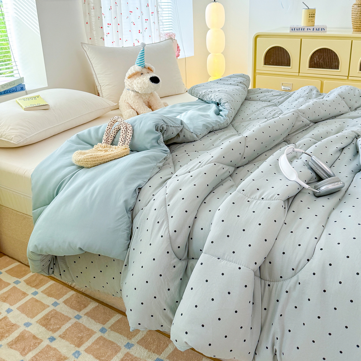 91家纺网 家纺一手货源 找家纺 弗苓家纺 2025新款糯叽叽ins风双层纱水洗棉冬被被子被芯 海盐-蓝