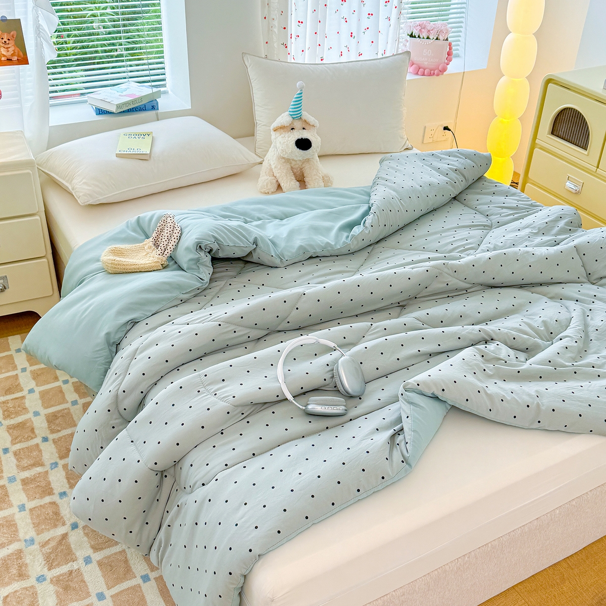 91家纺网 家纺一手货源 找家纺 弗苓家纺 2025新款糯叽叽ins风双层纱水洗棉冬被被子被芯 海盐-蓝