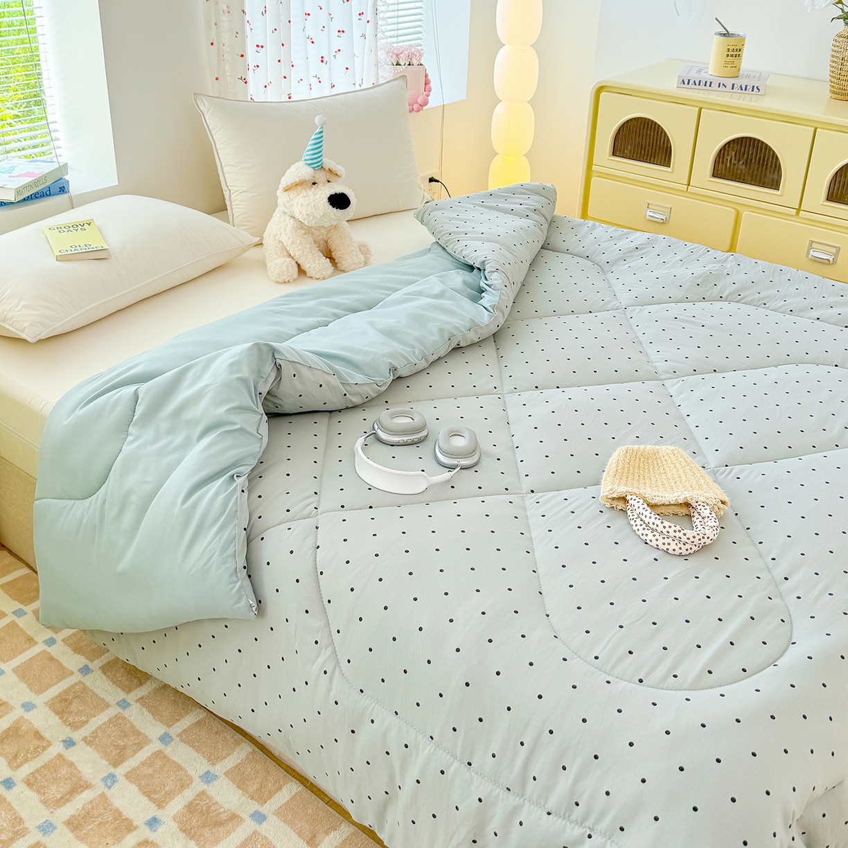 91家纺网 家纺一手货源 找家纺 弗苓家纺 2025新款糯叽叽ins风双层纱水洗棉冬被被子被芯 海盐-蓝