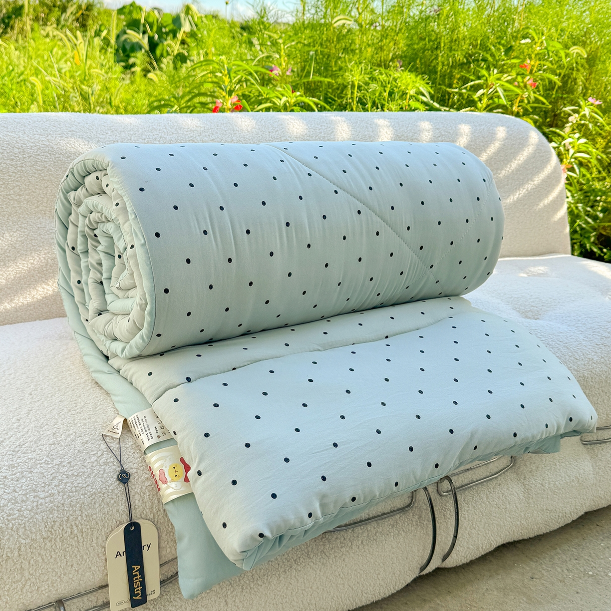 91家纺网 家纺一手货源 找家纺 弗苓家纺 2025新款糯叽叽ins风双层纱水洗棉冬被被子被芯 海盐-蓝