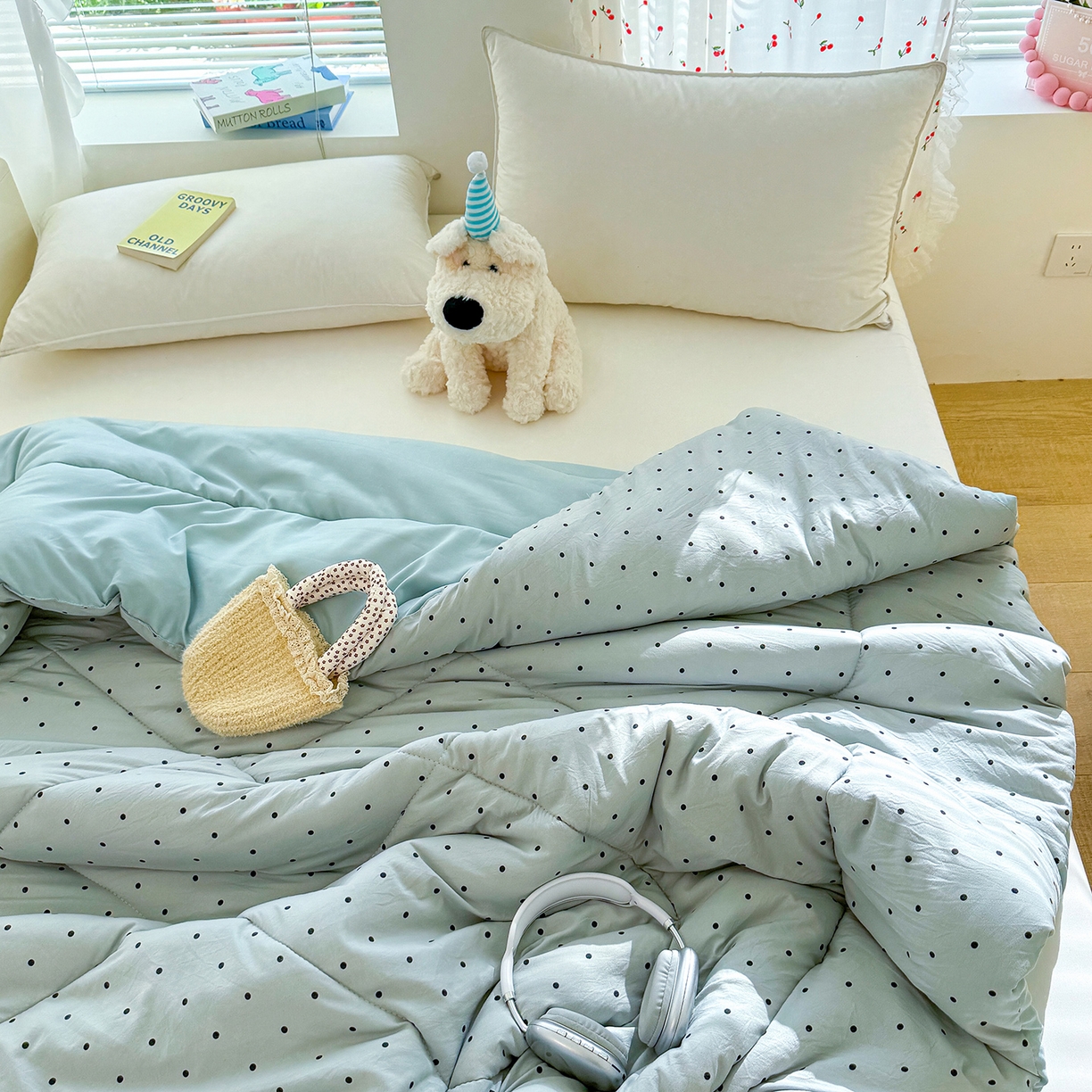 91家纺网 家纺一手货源 找家纺 弗苓家纺 2025新款糯叽叽ins风双层纱水洗棉冬被被子被芯 海盐-蓝