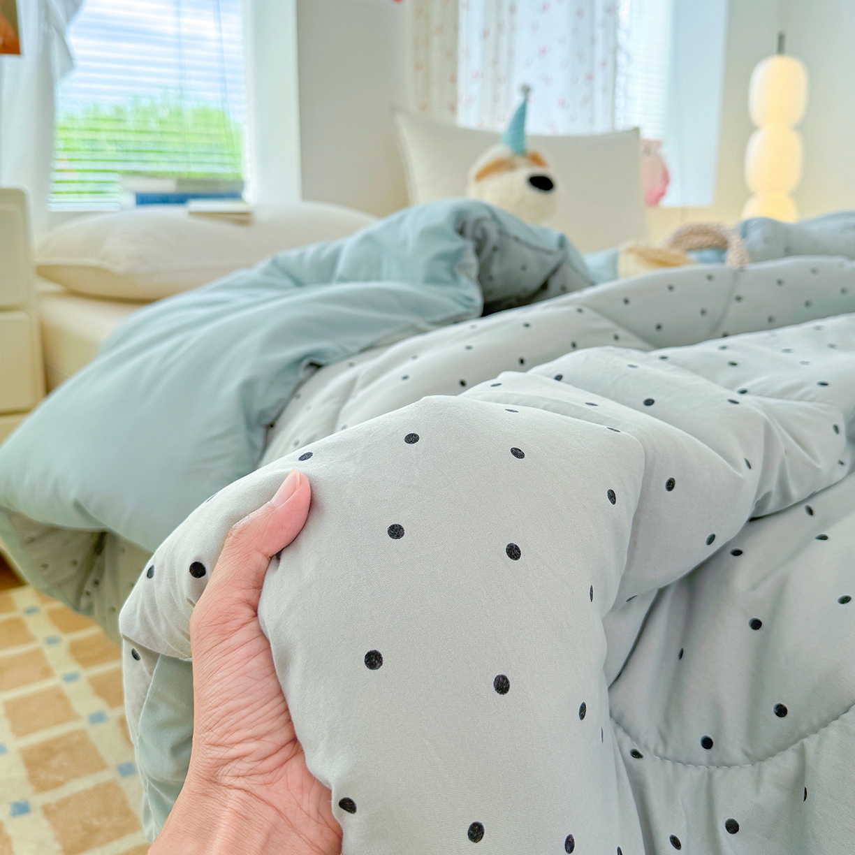 91家纺网 家纺一手货源 找家纺 弗苓家纺 2025新款糯叽叽ins风双层纱水洗棉冬被被子被芯 海盐-蓝