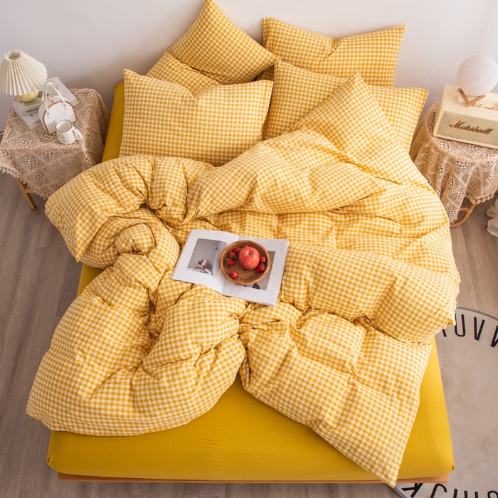 91家纺网 家纺一手货源 找家纺 千姿梦 2025新款全棉水洗棉四件套 黄小格