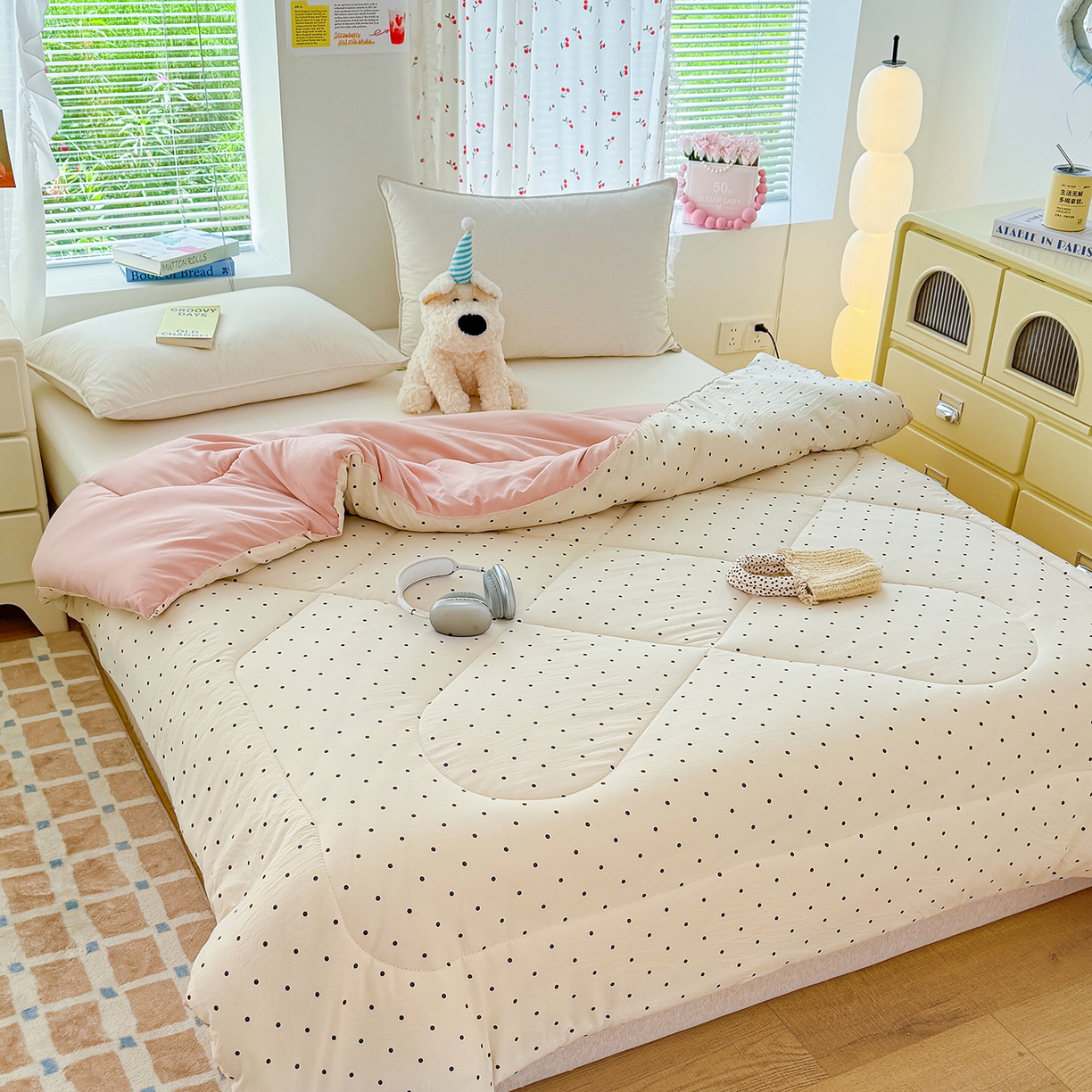 91家纺网 家纺一手货源 找家纺 弗苓家纺 2025新款糯叽叽ins风双层纱水洗棉冬被被子被芯 海盐-米