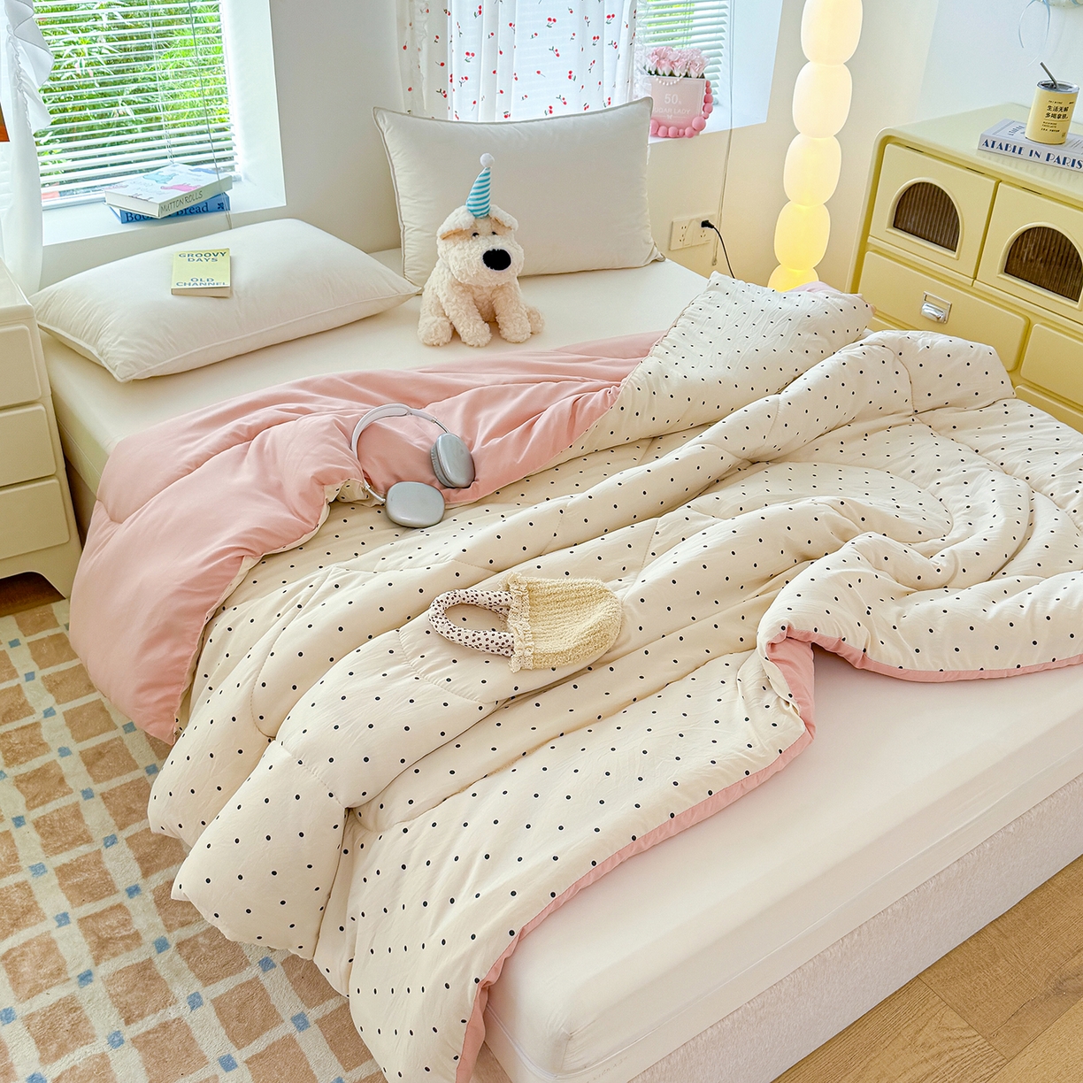 91家纺网 家纺一手货源 找家纺 弗苓家纺 2025新款糯叽叽ins风双层纱水洗棉冬被被子被芯 海盐-米