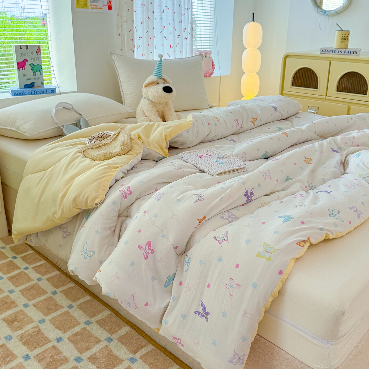 91家纺网 家纺一手货源 找家纺 弗苓家纺 2025新款糯叽叽ins风双层纱水洗棉冬被被子被芯 梦蝶