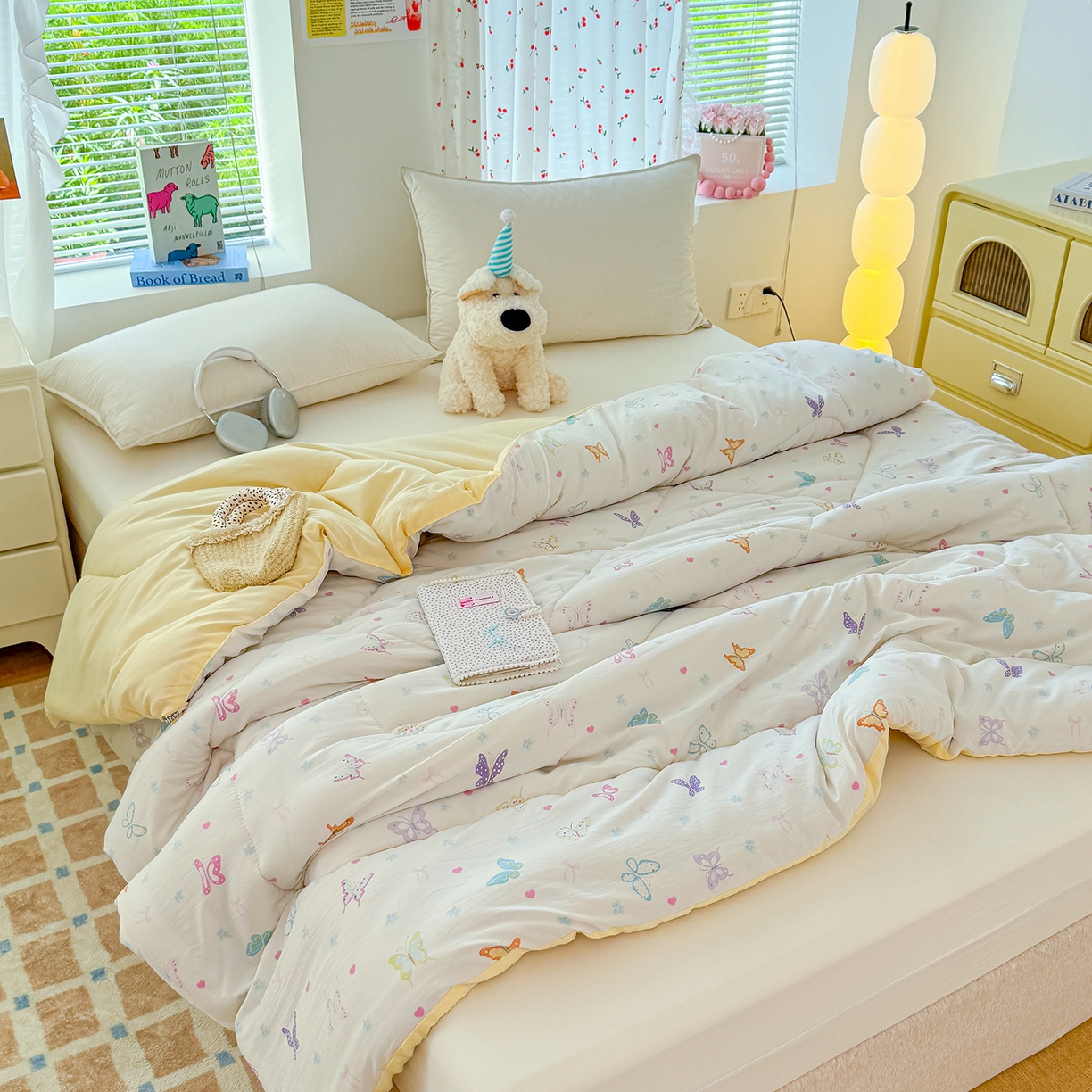 91家纺网 家纺一手货源 找家纺 弗苓家纺 2025新款糯叽叽ins风双层纱水洗棉冬被被子被芯 梦蝶