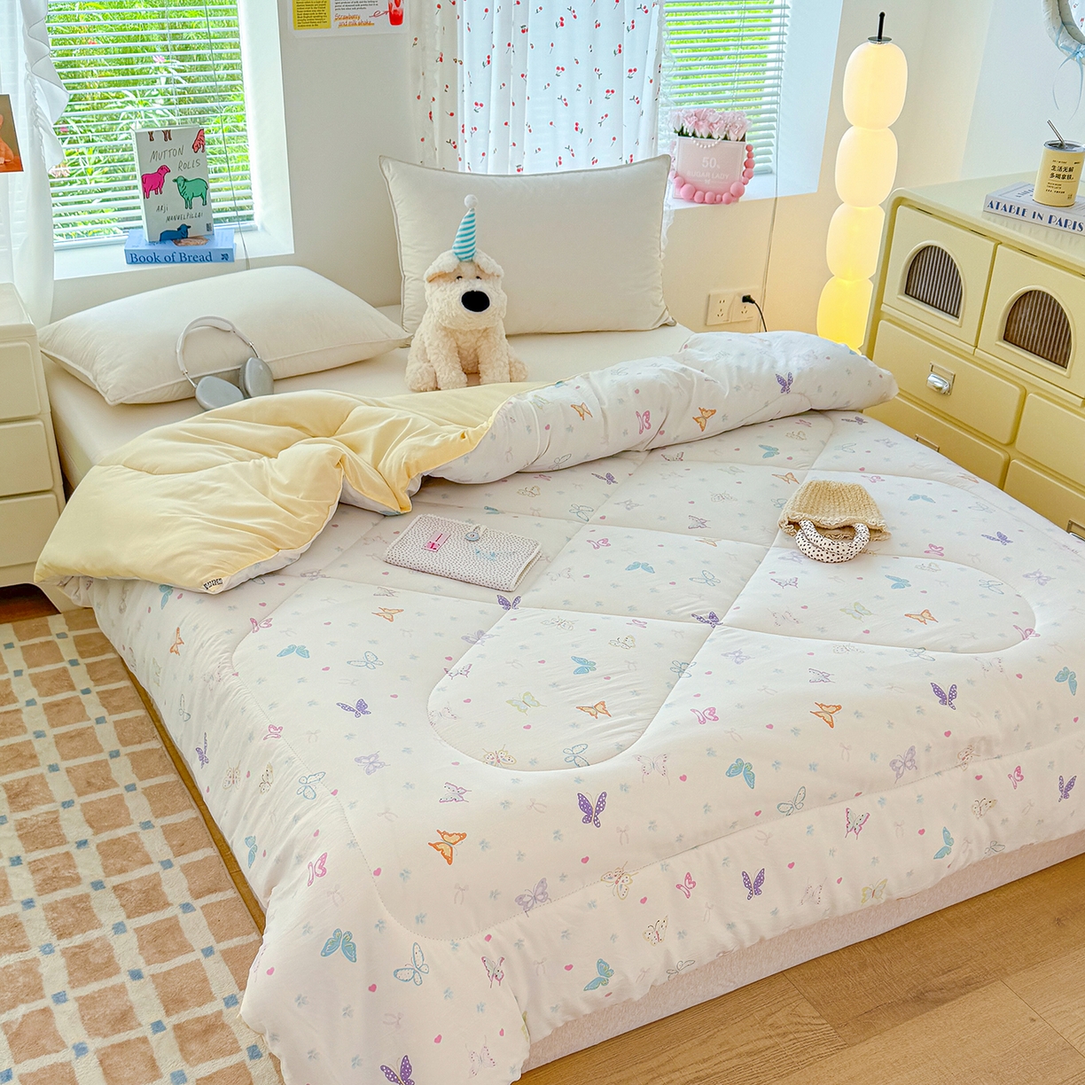 91家纺网 家纺一手货源 找家纺 弗苓家纺 2025新款糯叽叽ins风双层纱水洗棉冬被被子被芯 梦蝶