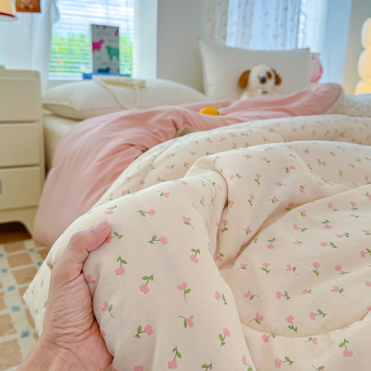 91家纺网 家纺一手货源 找家纺 弗苓家纺 2025新款糯叽叽ins风双层纱水洗棉冬被被子被芯 郁金香