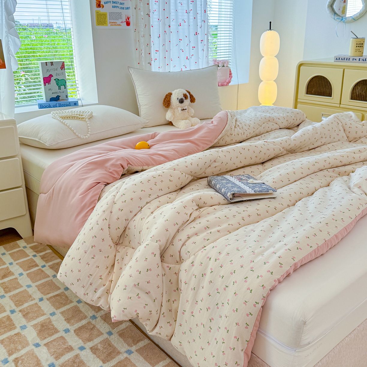 91家纺网 家纺一手货源 找家纺 弗苓家纺 2025新款糯叽叽ins风双层纱水洗棉冬被被子被芯 郁金香