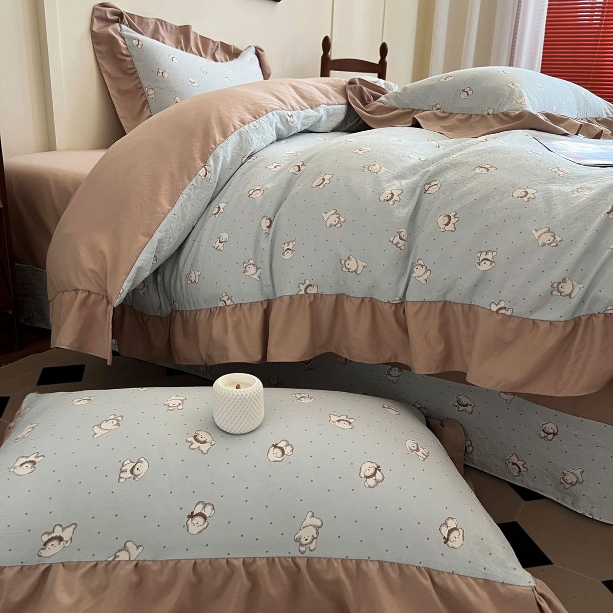 91家纺网 家纺一手货源 找家纺 梦莱斯 2025新款高克重云感棉四件套-花边款 星星狗