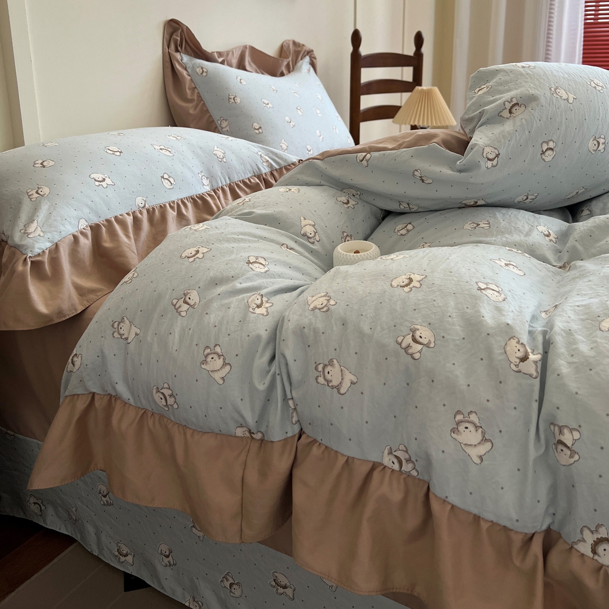 91家纺网 家纺一手货源 找家纺 梦莱斯 2025新款高克重云感棉四件套-花边款 星星狗