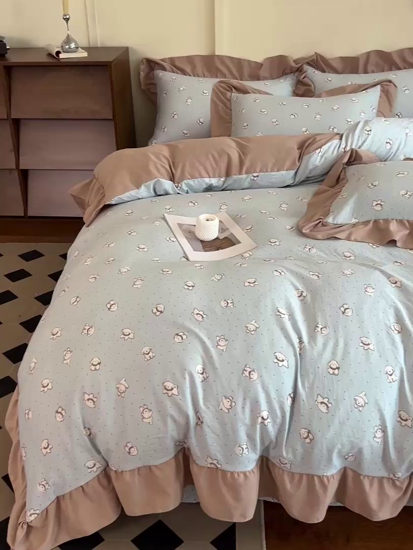 91家纺网 家纺一手货源 找家纺 梦莱斯 2025新款高克重云感棉四件套-花边款 星星狗