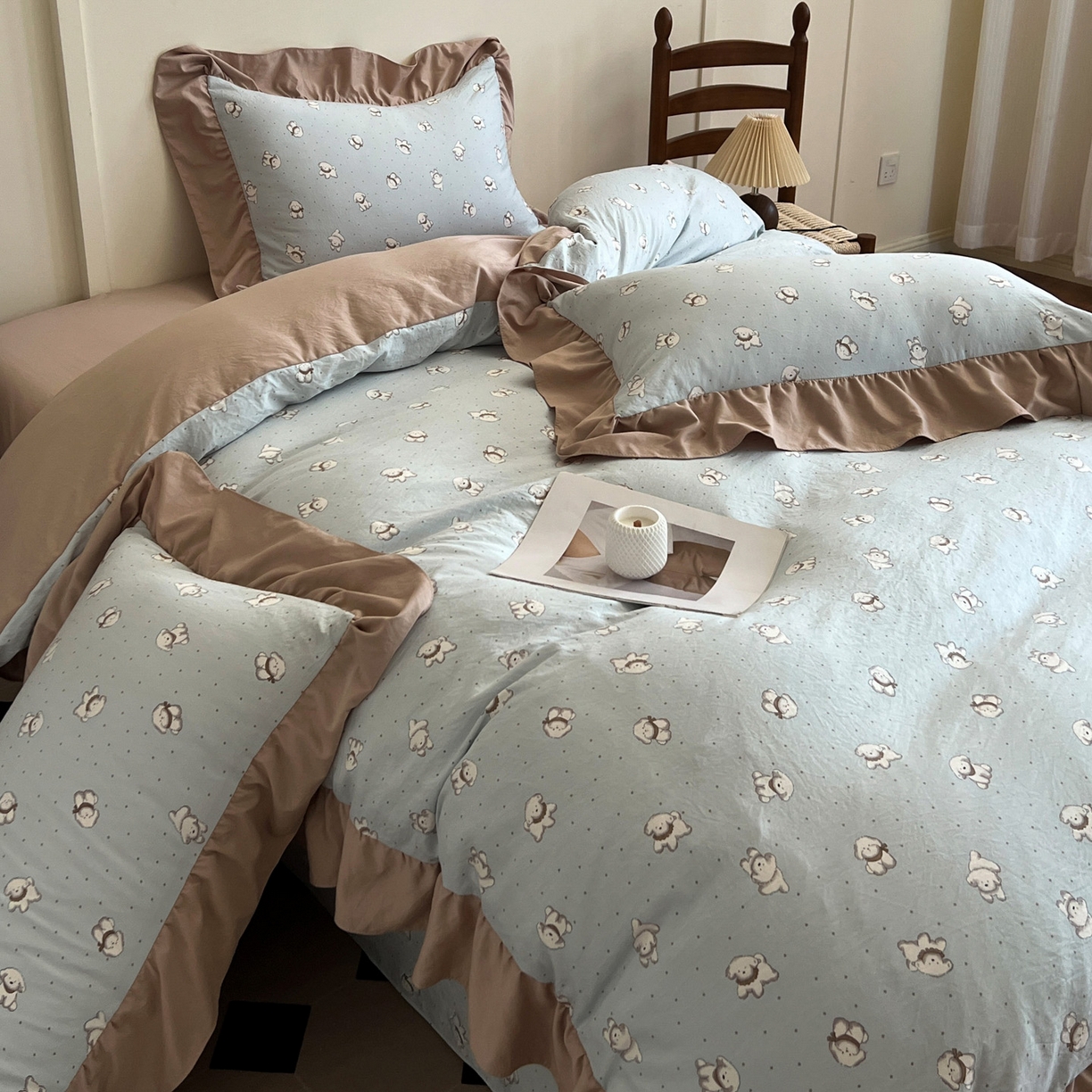 91家纺网 家纺一手货源 找家纺 梦莱斯 2025新款高克重云感棉四件套-花边款 星星狗