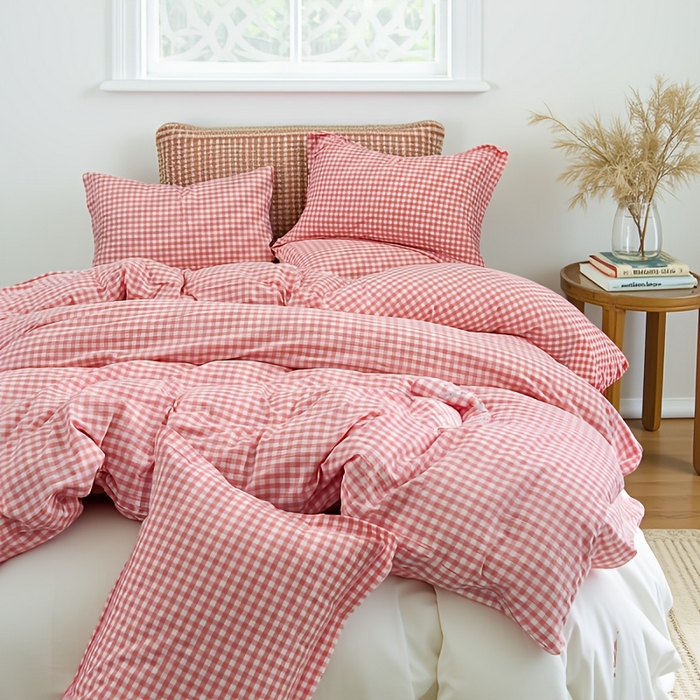 91家纺网 家纺一手货源 找家纺 千姿梦 2025新款全棉水洗棉四件套 粉红小格