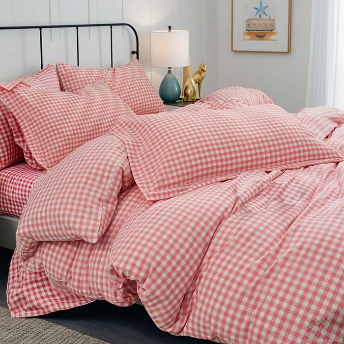 91家纺网 家纺一手货源 找家纺 千姿梦 2025新款全棉水洗棉四件套 粉红小格