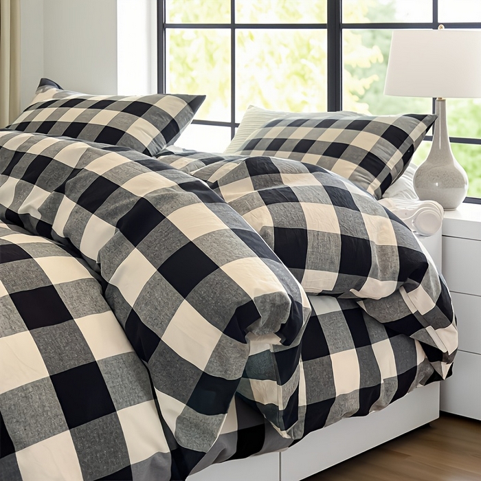 91家纺网 家纺一手货源 找家纺 千姿梦 2025新款全棉水洗棉四件套 黑白中格