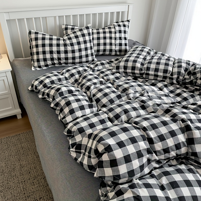 91家纺网 家纺一手货源 找家纺 千姿梦 2025新款全棉水洗棉四件套 黑白中格