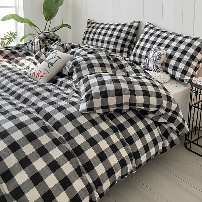 91家纺网 家纺一手货源 找家纺 千姿梦 2025新款全棉水洗棉四件套 黑白中格